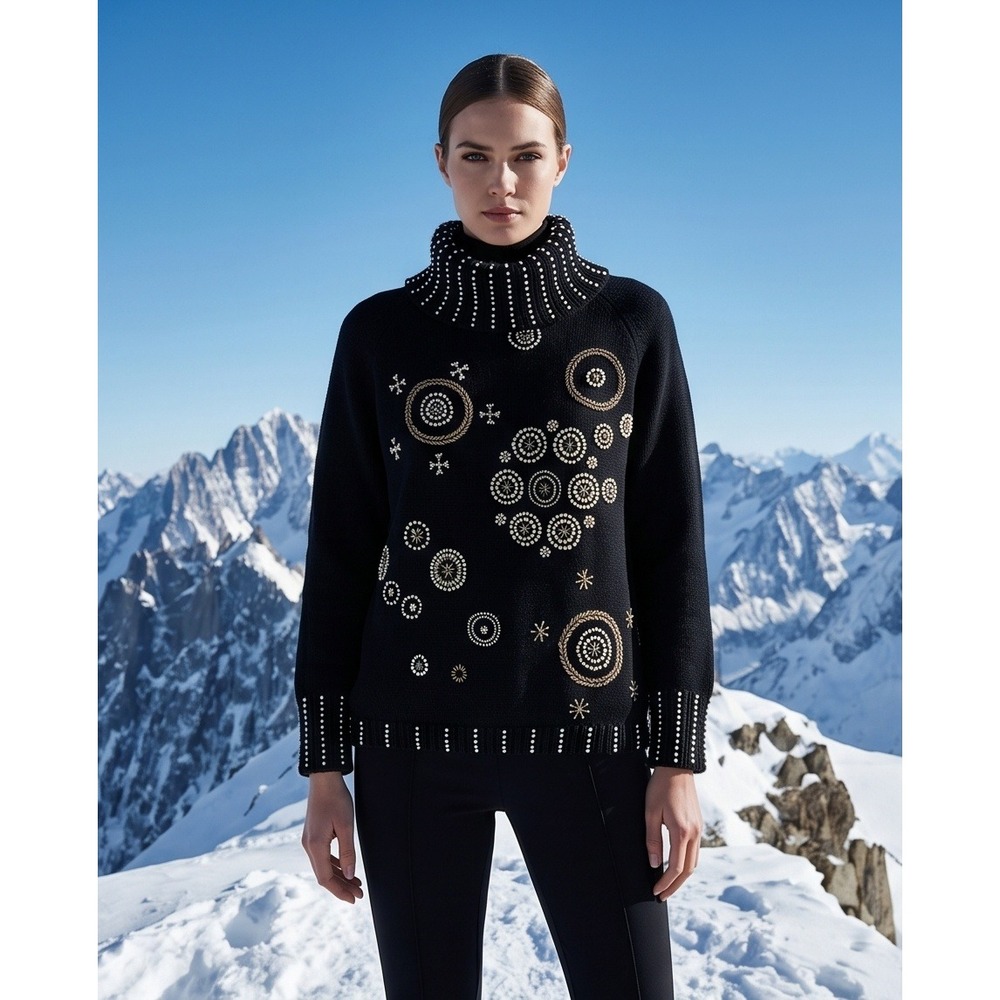 Victoria Harbour L Vintage Embellished Turtleneck Sweater Black Gold 80s Large‎